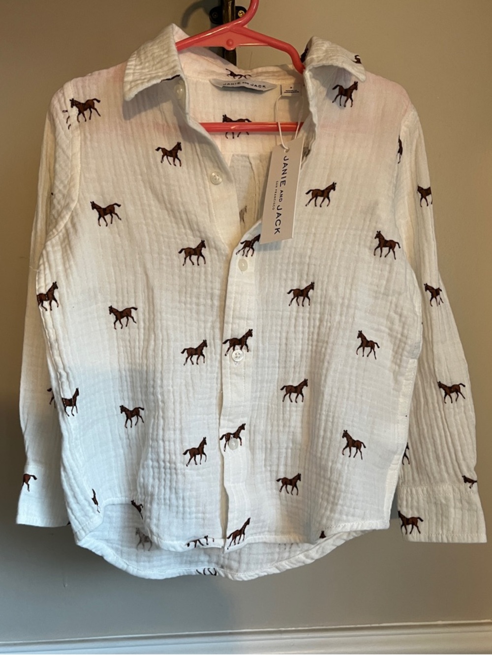 Janie and Jack NWT Boys Horse Long Sleeve, Cotton, Button Down Shirt - Size 3